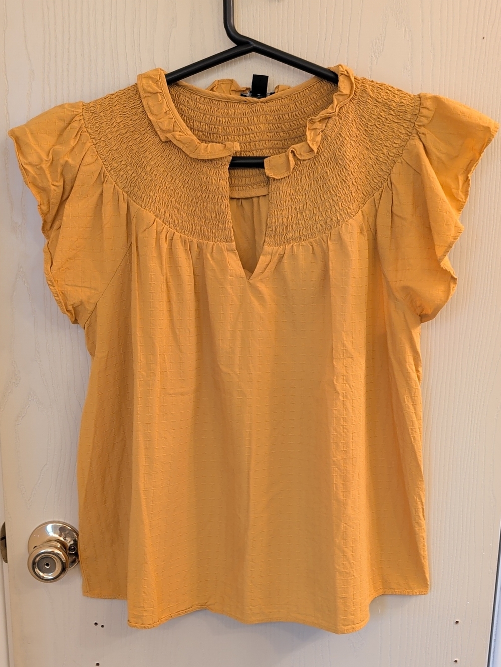 Ann Taylor Mustard Yellow Smocked Yoke Flutter Sleeve Top Size L